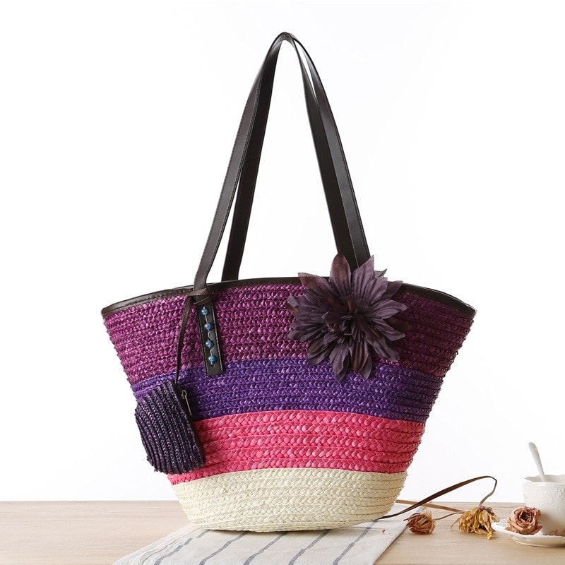 Brown Flower Straw Beach Bag Wide Stripes Tote Bag for Travelling