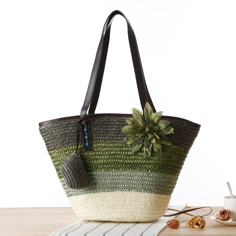 Green Flower Straw Beach Bag Wide Stripes Tote Bag for Travelling