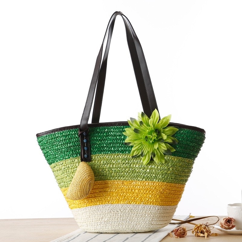 Green Flower Straw Beach Bag Wide Stripes Tote Bag for Travelling