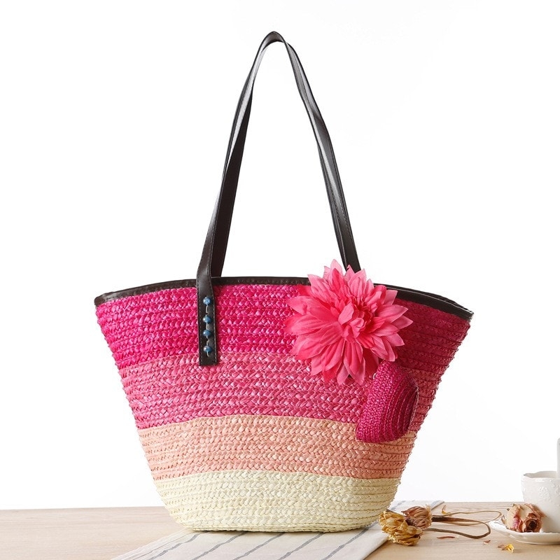 Brown Flower Straw Beach Bag Wide Stripes Tote Bag for Travelling
