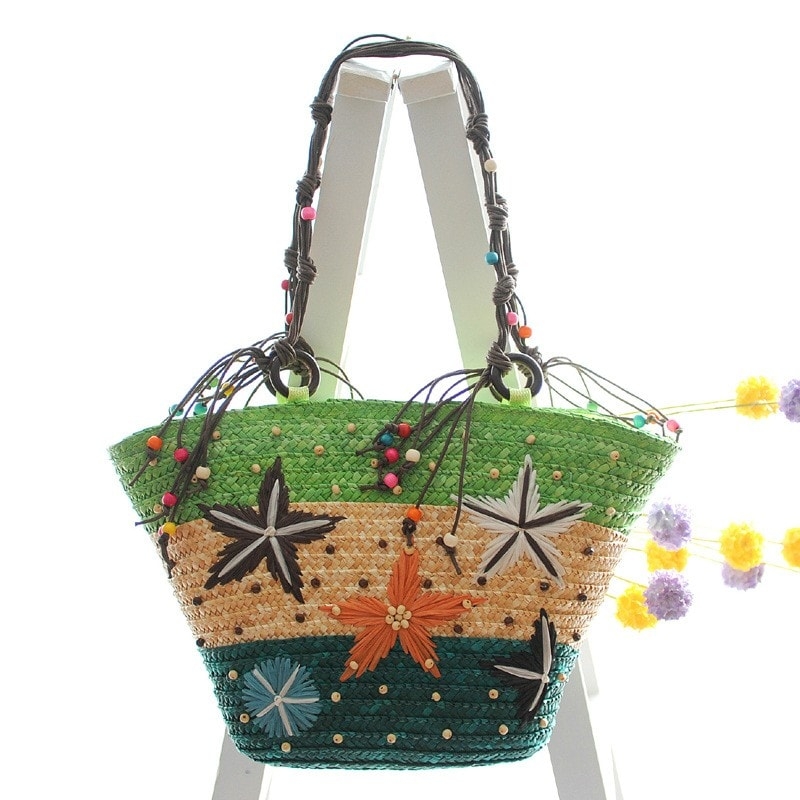 Green Straw Beach Bag Recycle Summer Tote Bag for Honeymoon