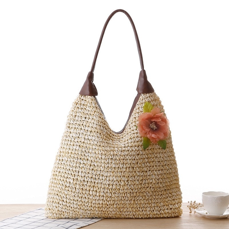Beige Flower Beach Bag Summer Hobo Bag for Travelling | Baginning