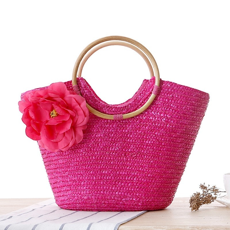 Beige Straw Beach Bag Flower Honeymoon Summer Handbag 