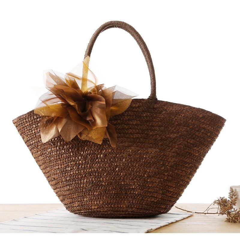 Beige Straw Beach Bag Flower Woven Summer Tote Bag for Honeymoon