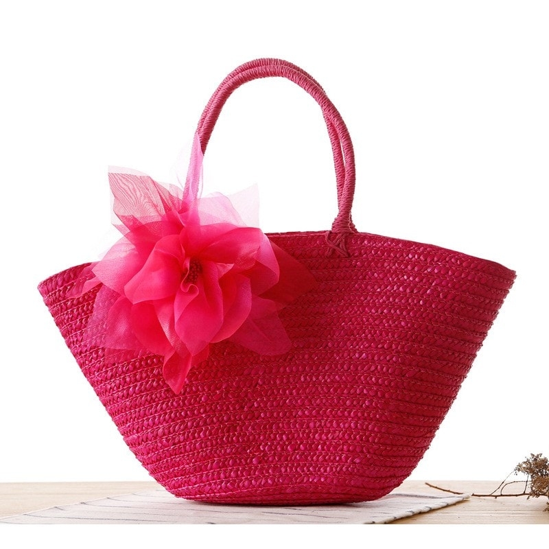 Navy Straw Beach Bag Flower Woven Summer Tote Bag for Honeymoon