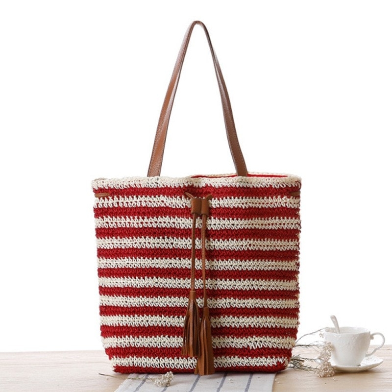 Grey and Beige Stripes Tassel Beach Tote for Travelling