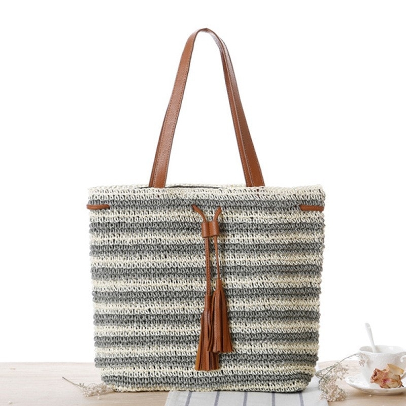 Grey and Beige Stripes Tassel Beach Tote for Travelling