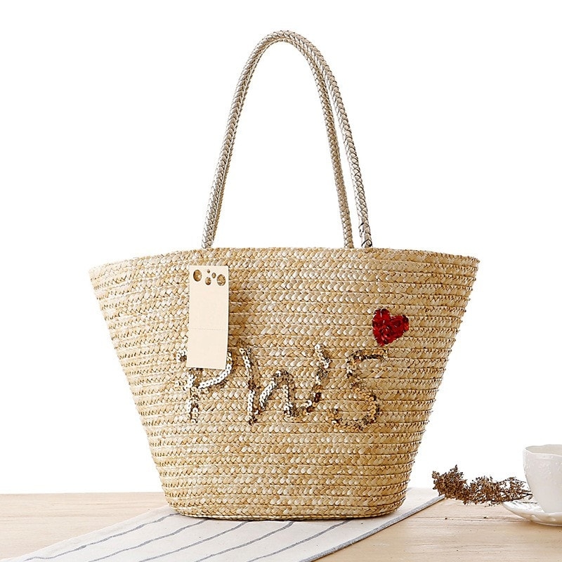 Beige Straw Beach Bag Simple Sequined Summer Tote Bag for Travelling