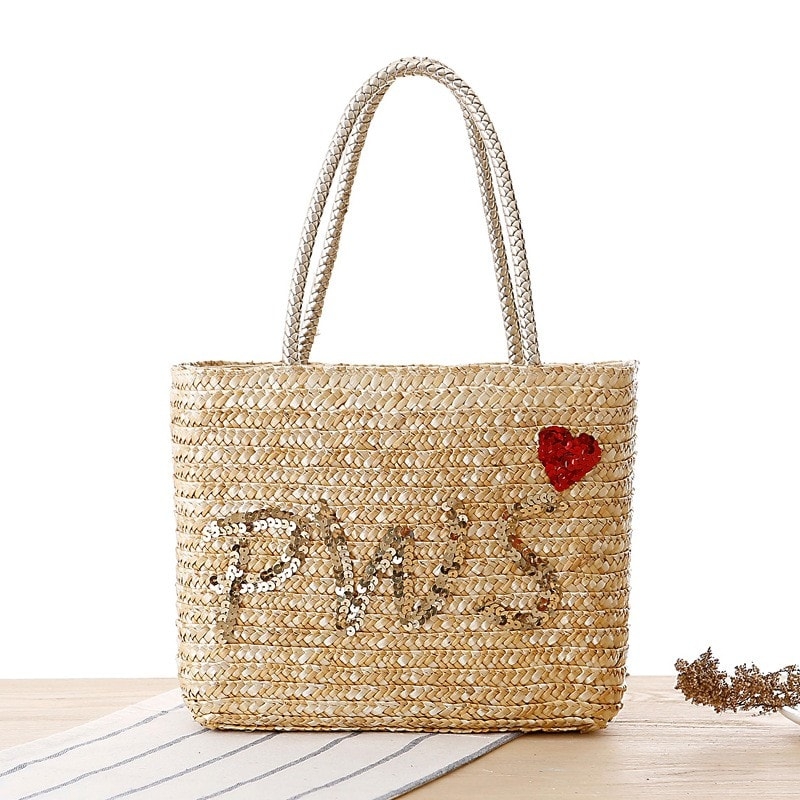 Beige Straw Beach Bag Simple Sequined Summer Tote Bag for Travelling