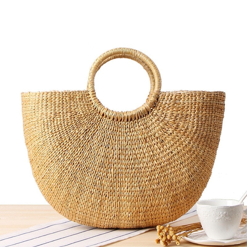 Khaki Woven Beach Bag Summer Handbag for Travelling