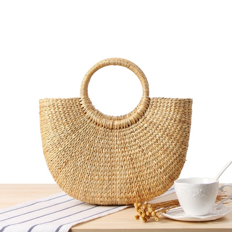 Khaki Beach Bag Woven Summer Handbag for Travelling