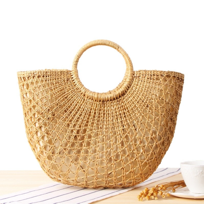 Khaki Woven Beach Bag Summer Handbag for Travelling