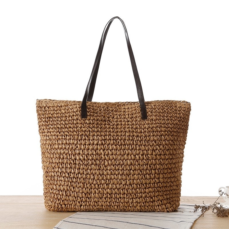 Beige Paper Straw Tote Summer Shoulder Beach Bags for Travelling