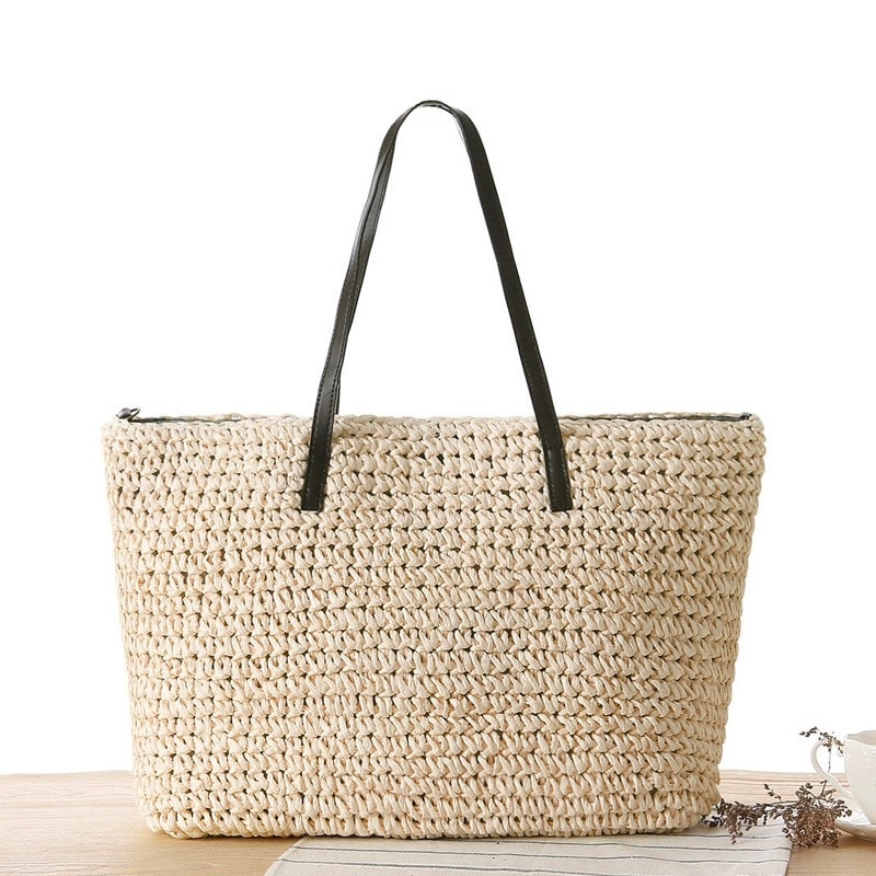 Brown Paper Straw Tote Summer Shoulder Beach Bags for Travelling