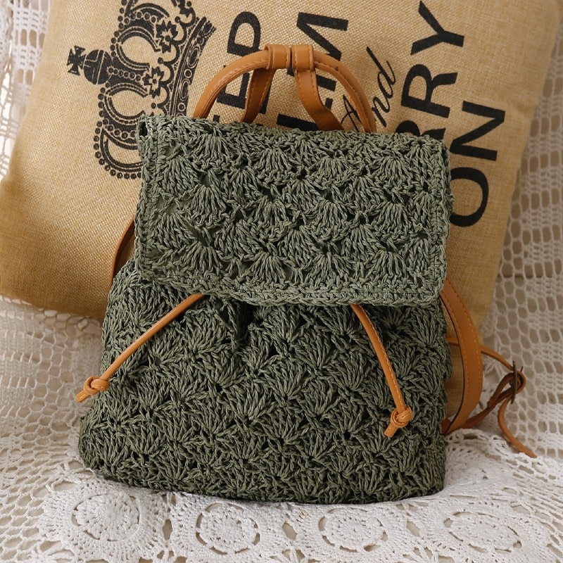Beige Straw Backpack Hollow out Mini Summer Backpack Beach Bags
