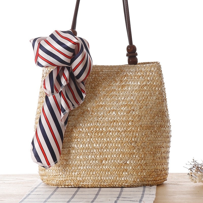 Tan Woven Summer Shoulder Bag Wooden Beads Scarf Beach Bag