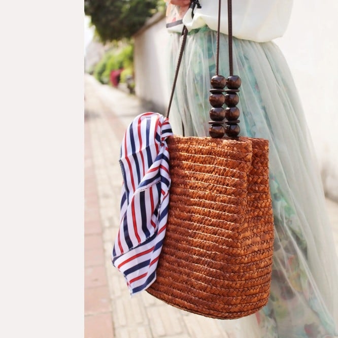 Beige Woven Summer Shoulder Bag Wooden Beads Scarf Beach Bag