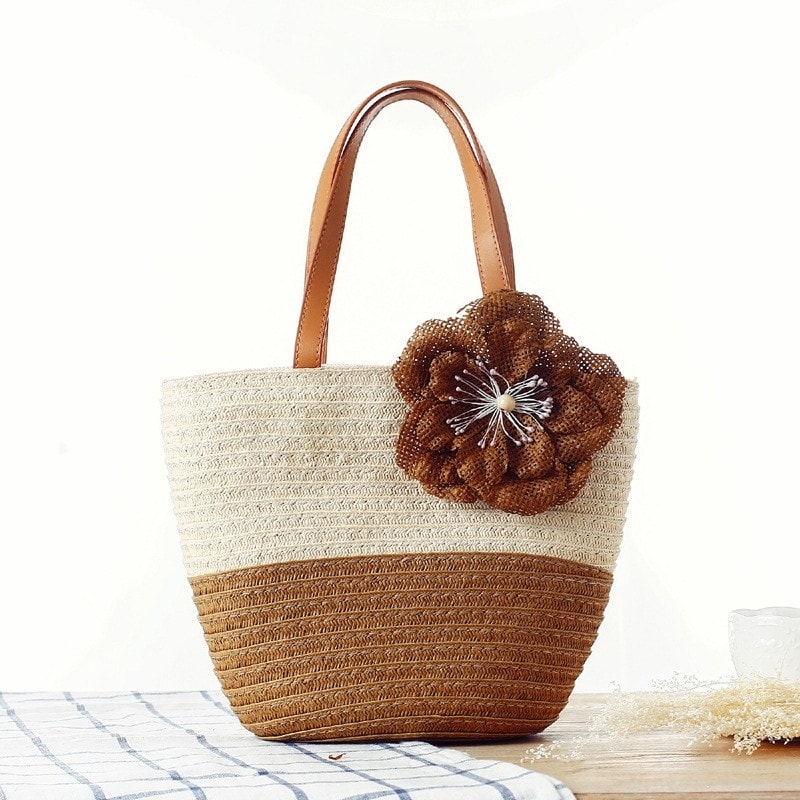 Brown Summer Beach Tote with Flower