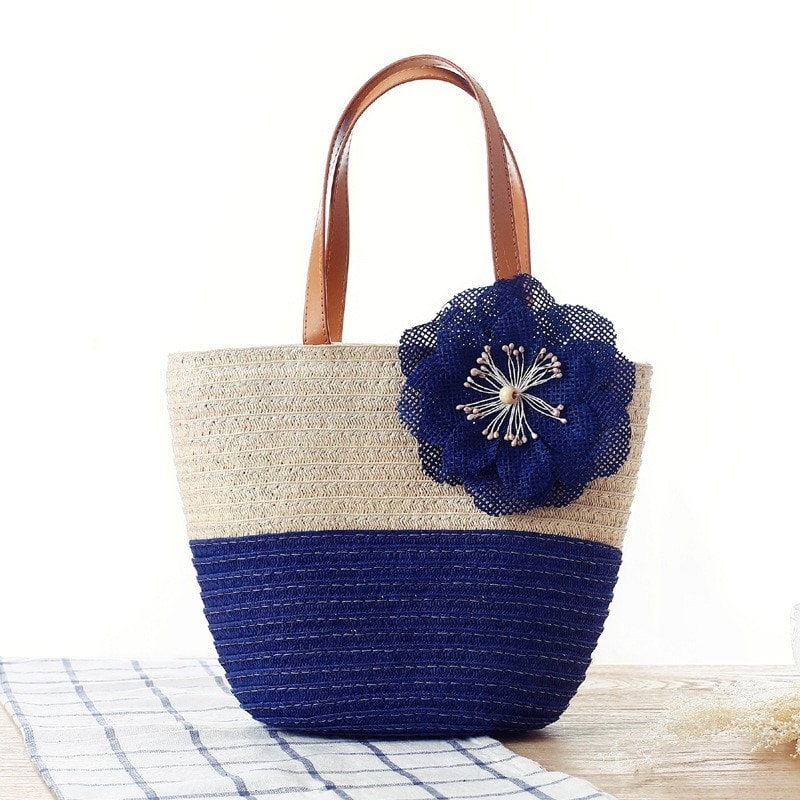 Brown Summer Beach Tote with Flower