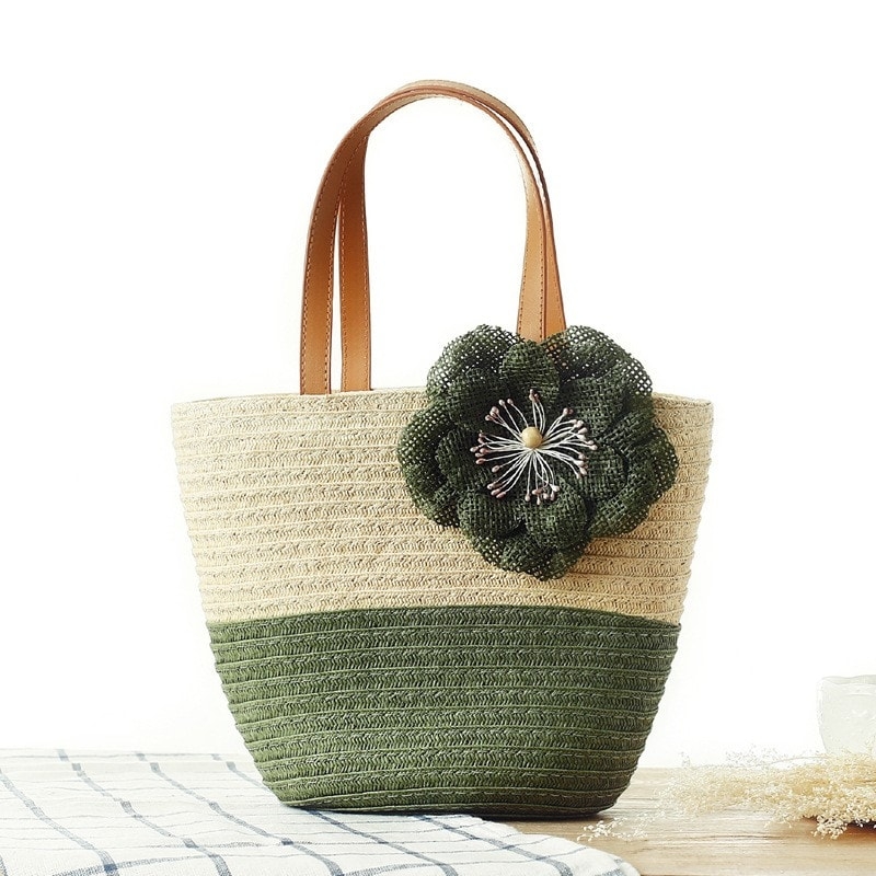 Navy Summer Beach Tote with Flower