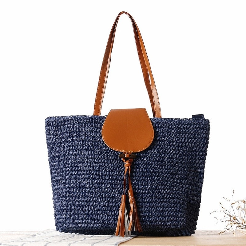 Navy Woven Beach Tote Bag with Tassels
