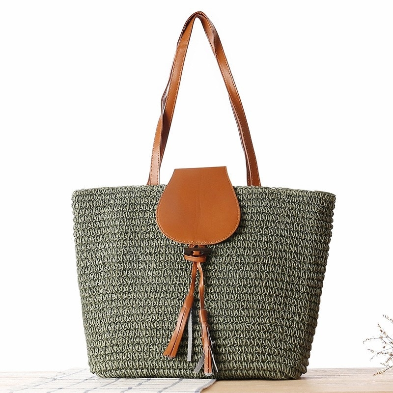 Beige Woven Beach Tote Bag with Tassels