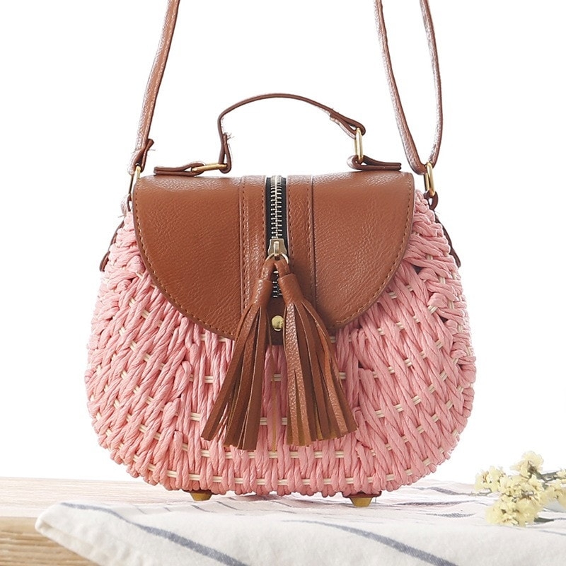 Pink Woven Crossbody Bag Tassel Handbag