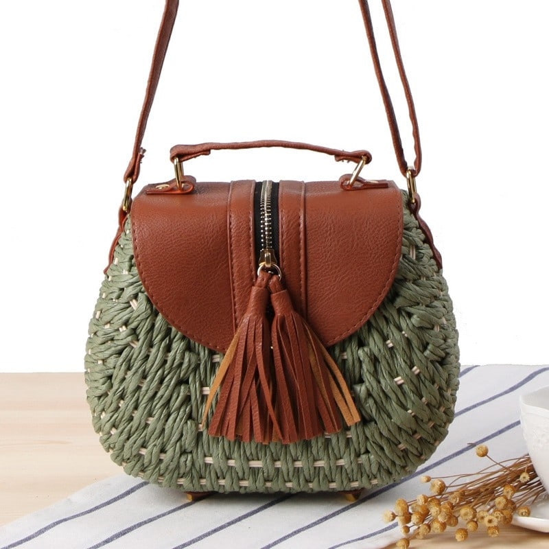 Olive Woven Crossbody Bag Tassel Handbag