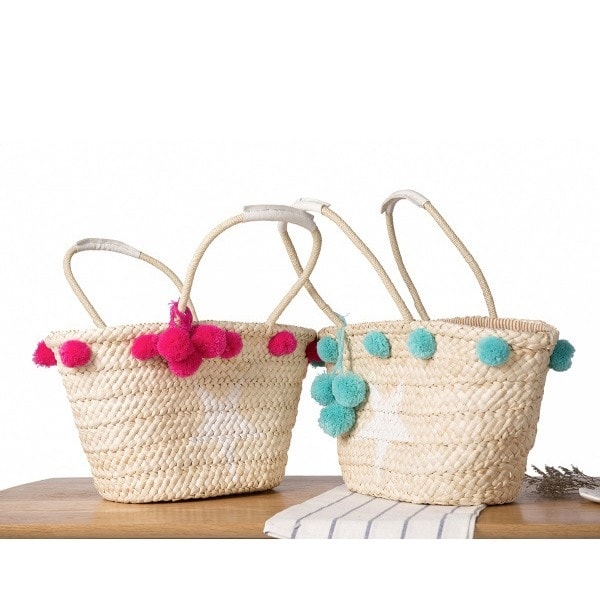 Beige Woven Summer Beach Tote with Turquoise Pompon