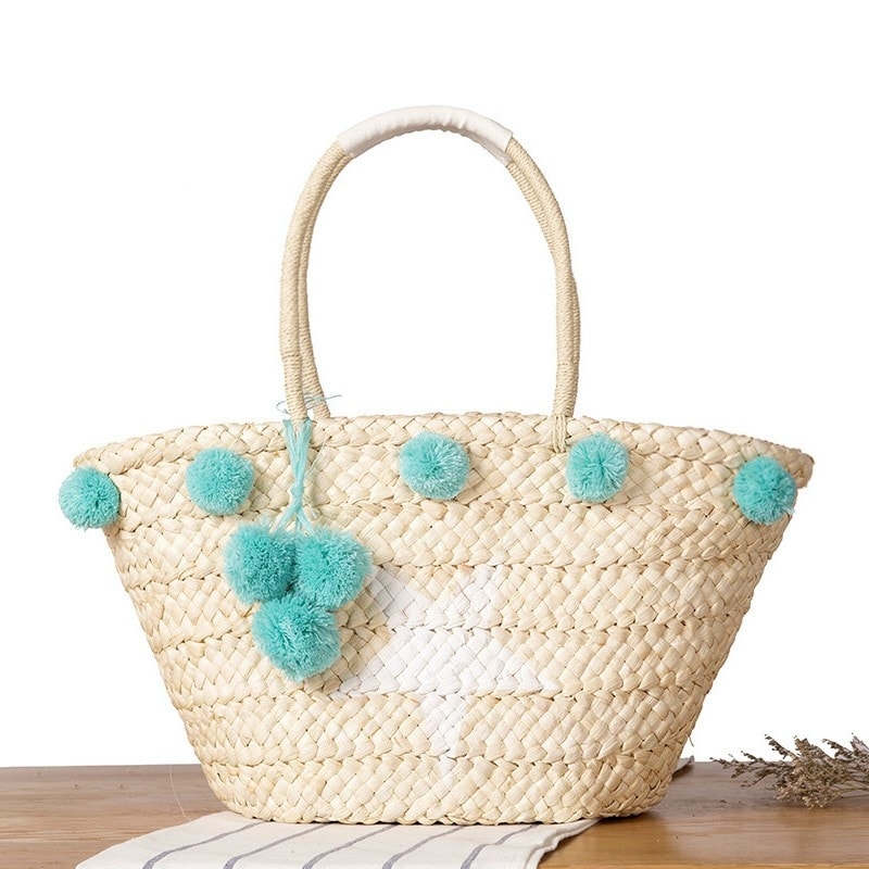 Beige Woven Summer Beach Tote with Turquoise Pompon