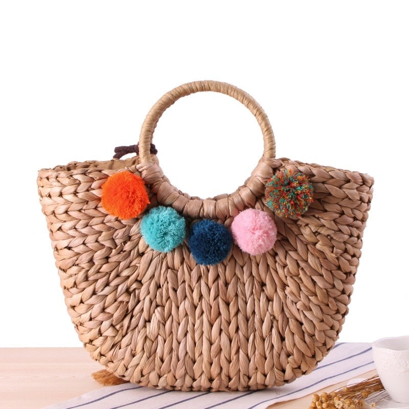 Khaki Summer Handbag Colorful Pompon Beach Bag