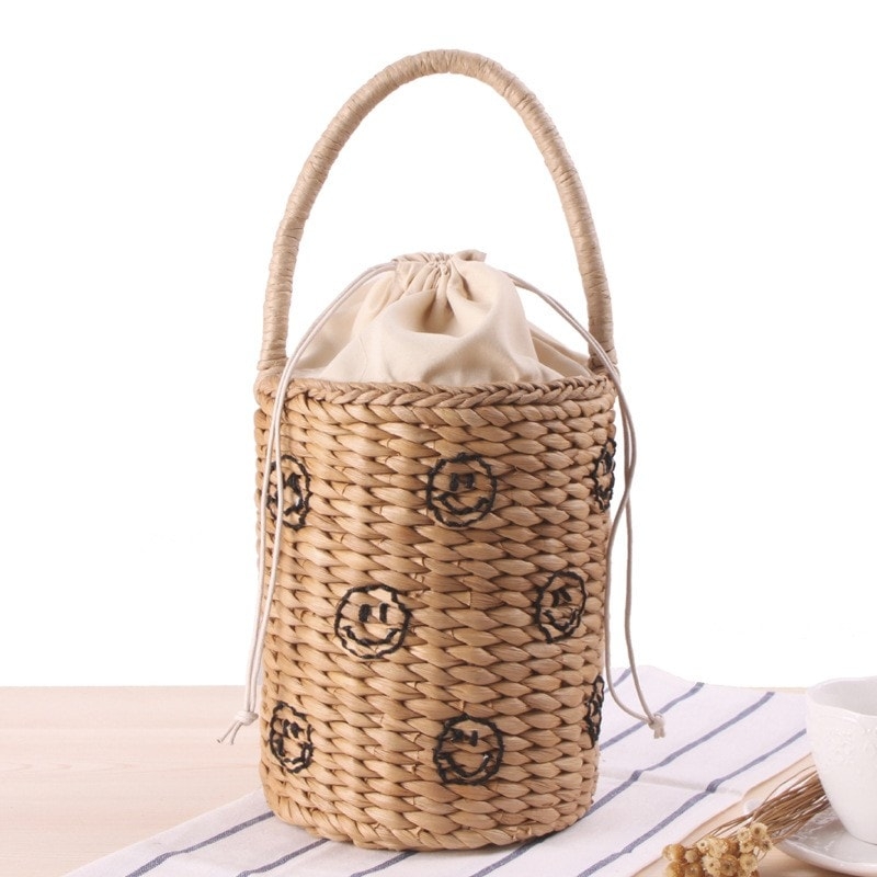 Beige Smile Face Straw Woven Bag