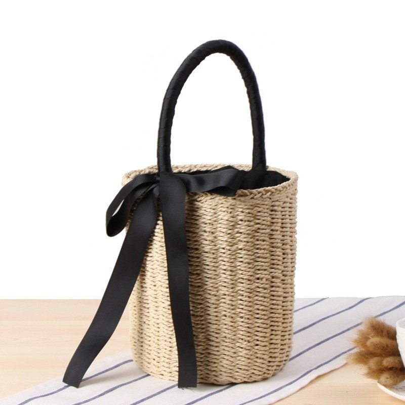 Khaki Silk Ribbon Entwined Handle Woven Bag 