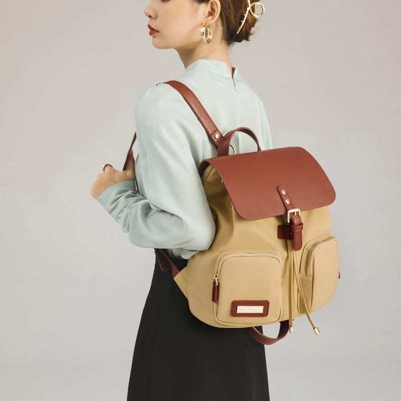 Khaki&Brown Oxford Fabric Waterproof Backpack Buckle Flap Ladies Bag