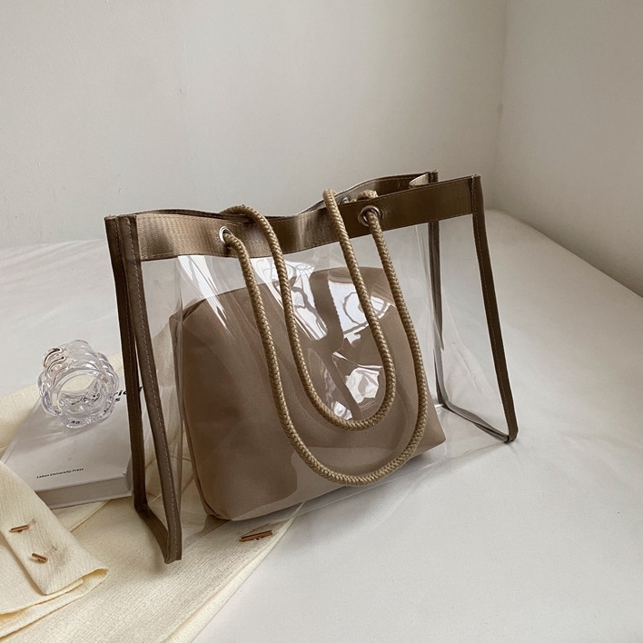 Khaki Clear Tote Purse Tranparent Large Bags with Inner Pouch
