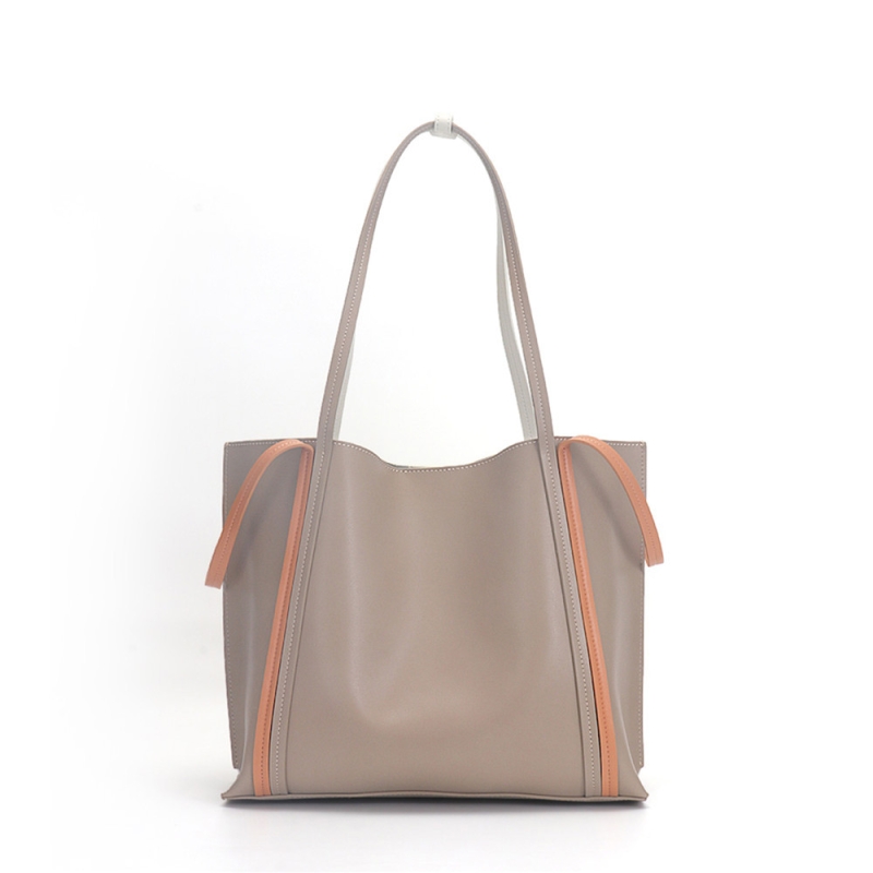 Khaki Genuine Leather Color Block Big Tote Bag With Inner Pouch