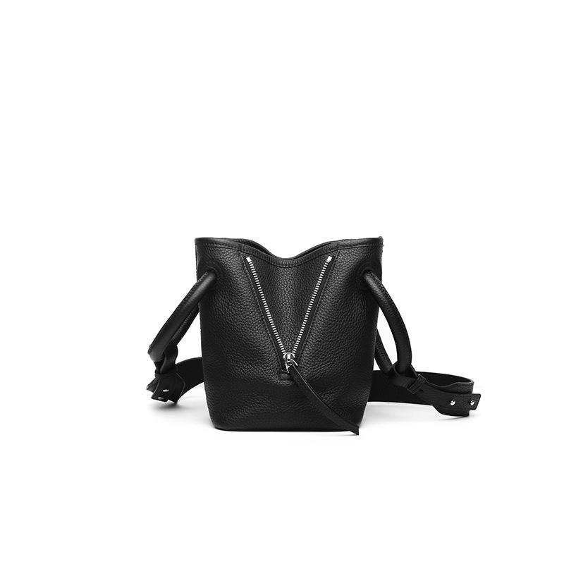 Black Leather Crossbody Bag Circle Handle Bucket Bags with V Zipper