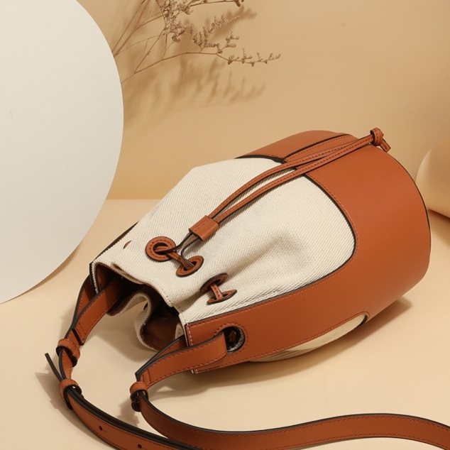 Brown Leather and White Canvas Belt Tightened Bucket Handbags