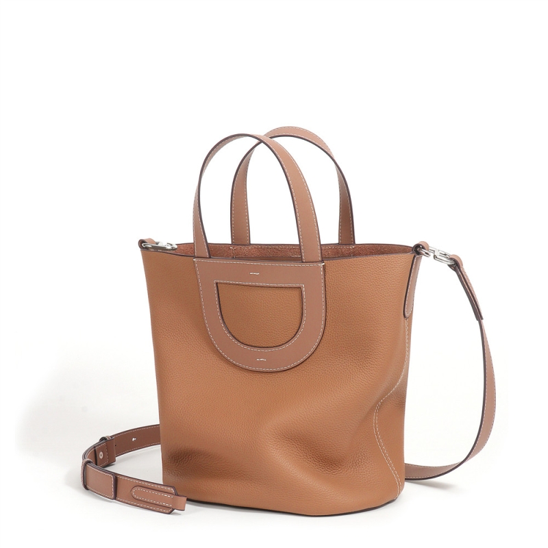 Brown Leather Basket Bag Crossbody Top Handle Tote With Inner Pouch