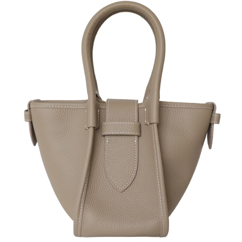 Brown Leather Basket Bag Litchi Grain Handbags with Buckle