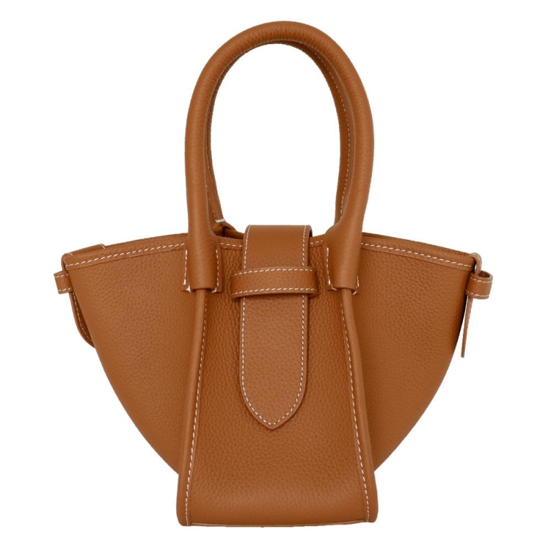 Grey Genuine Leather Basket Bag Litchi Grain Handbags with Buckle
