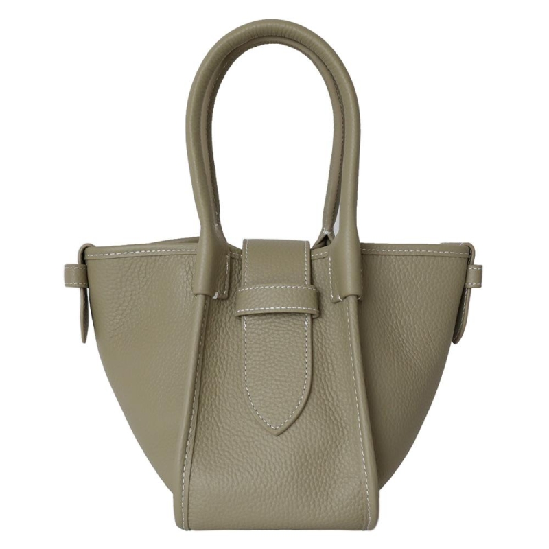Brown Leather Basket Bag Litchi Grain Handbags with Buckle