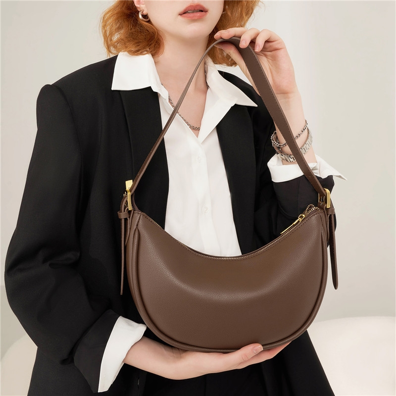 Khaki Leather Boho Shoulder Bag with Zipper