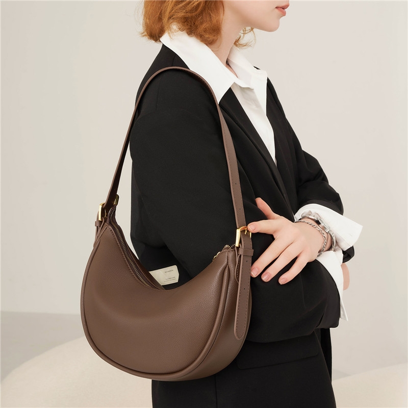 Khaki Leather Boho Shoulder Bag with Zipper