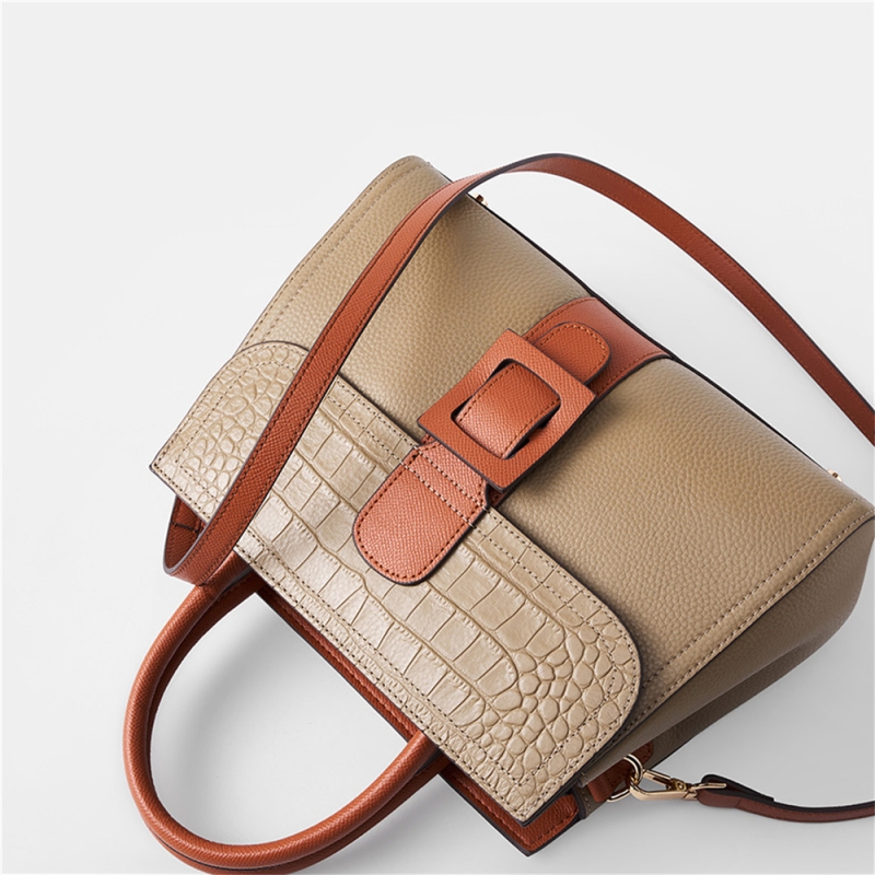 Khaki Leather Croc Printed Satchel Bag Top Handle Crossbody Handbags For Outgoing