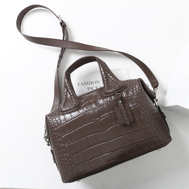 Black Leather Crocodile Print Top Handle Boston Bag Crossbody Bags