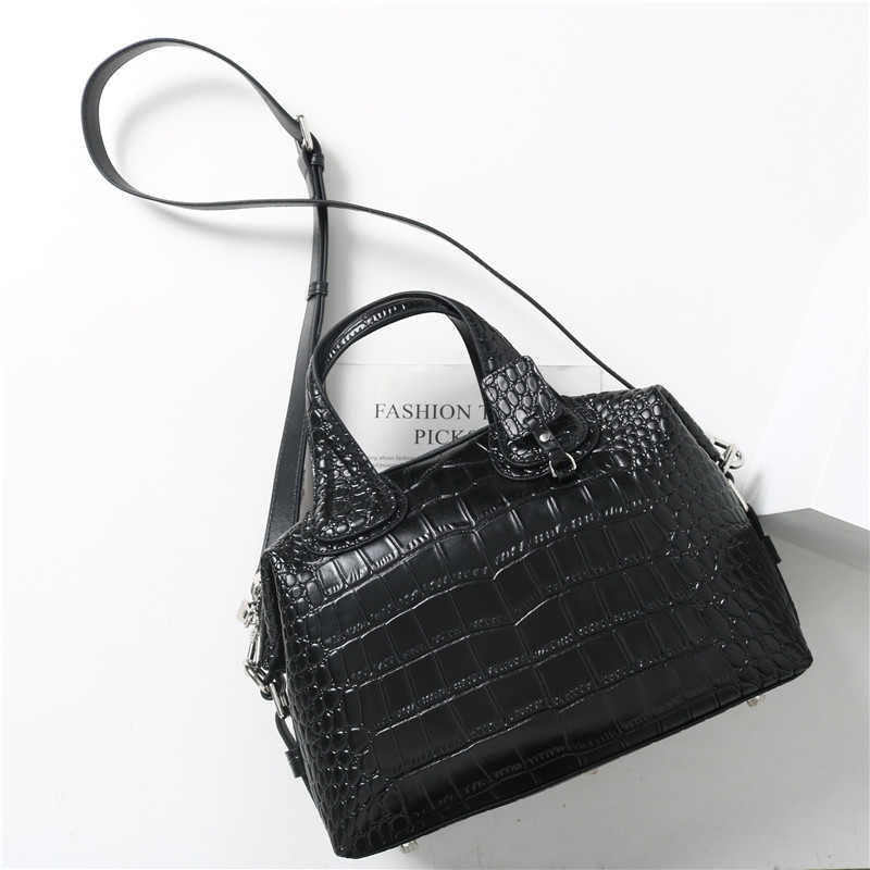 Black Leather Crocodile Print Top Handle Boston Bag Crossbody Bags