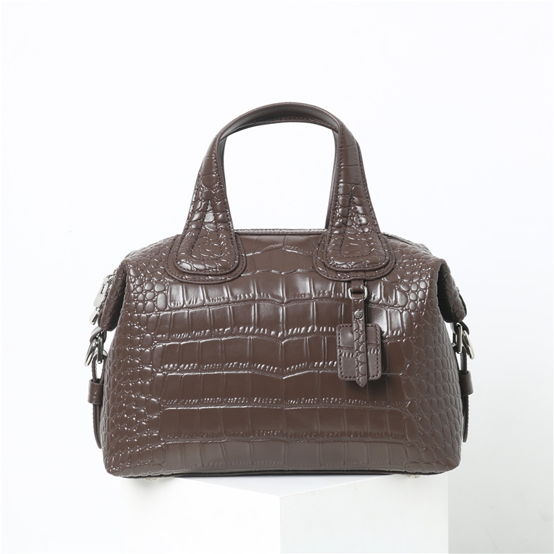 Brown Leather Crocodile Print Top Handle Boston Bag Crossbody Bags