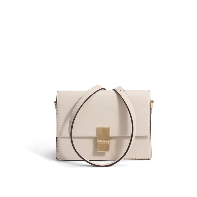 Beige Leather Crossbody Flap Office Handbags Buckle Over The Shoulder Bags