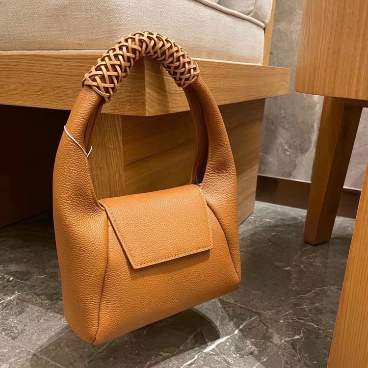 Brown Leather Crossbody Shoulder Bag With Woven Handle Handbags